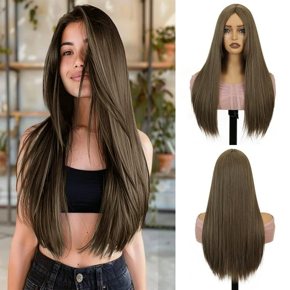 QUEENTAS 23 Inch Long Straight Dark Brown Wig for Women Synthetic Middle Part Wig Natural Wig for Daily