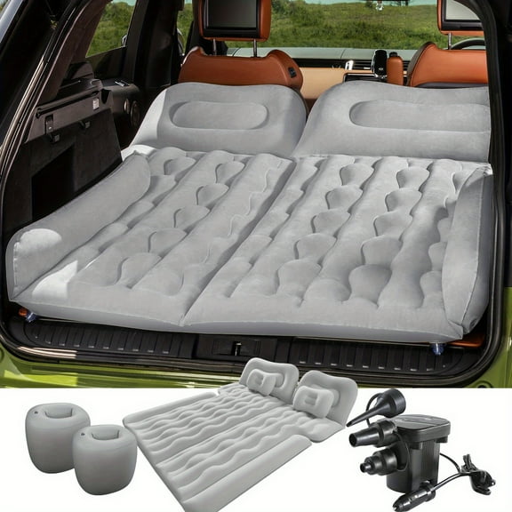 QUEES Inflatable Car Mattress Bed - Quilted Beige Design with Pump & Dual Pillows. 12V Car Plug Inflation & Custom Backseat Fit for Road Trips.