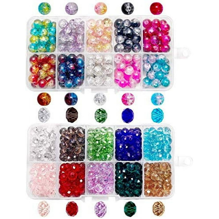 QUEFE 400pcs 8mm Glass Beads for Jewelry Making Bracelets Including 200pcs Faceted Crystal Glass Beads and 200pcs Crackle Lampwork Glass Round Beads