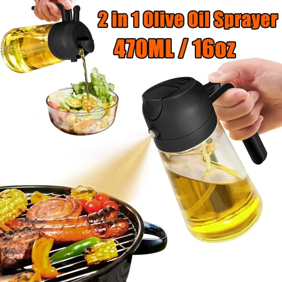 QUEST- 16Oz Olive Oil Dispenser Bottle 2 In 1 Sprayer Spray For Kitchen Cooking Black