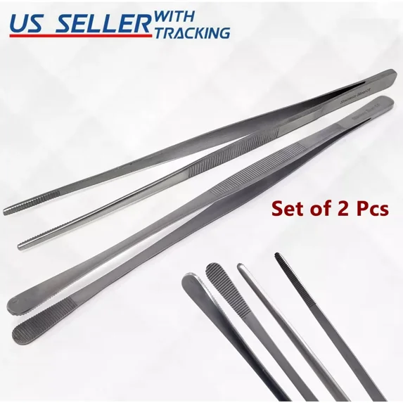 QUEST -2 Pcs Kitchen Tweezer 12? Straight & Round Tip Set Long Food Tongs Chef Diy Tool