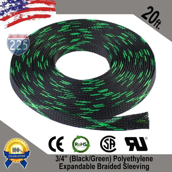 QUEST- 20 Ft 3/4" Black Green Expandable Wire Sleeving Sheathing Braided Loom Tubing Us
