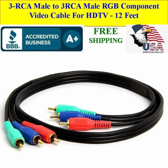 QUEST- 3 Connector Rca Male To Male Rgb Component Video Cable Hdtv Gold Plated 12 Ft