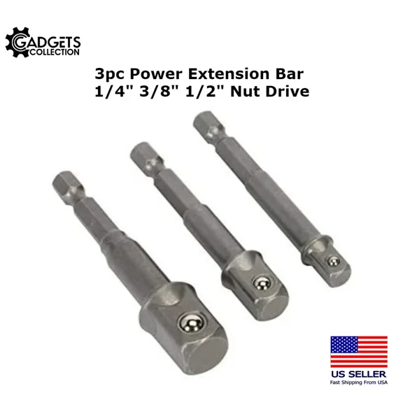 QUEST- 3Pc Power Extension Bar Hex Shank Socket Adapter Drill Bit Set 1/4" 3/8" 1/2"