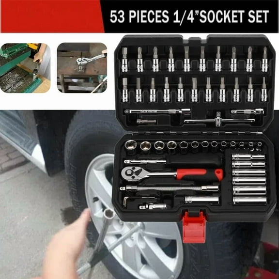 QUEST- 53 Pieces 1/4" Drive Socket Ratchet Wrench Set, With Bit Socket & Extension Bar