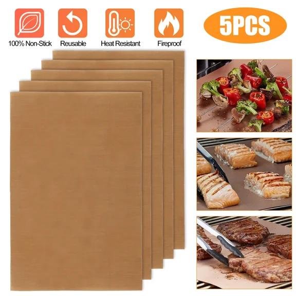QUEST- 5Pcs Bbq Copper Grill Mats Non-Stick Easy To Cut Oven Sheet Liner Cooking Baking