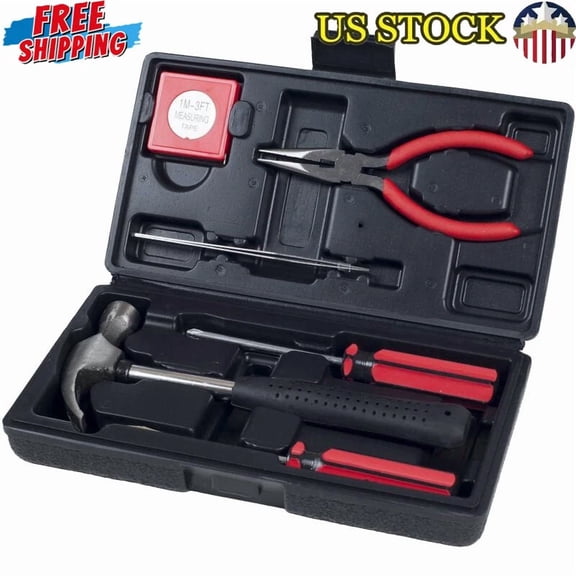QUEST- 6 Piece Home Tool Kit Hammer Screwdrivers Pliers Measuring Tape Compact Case New