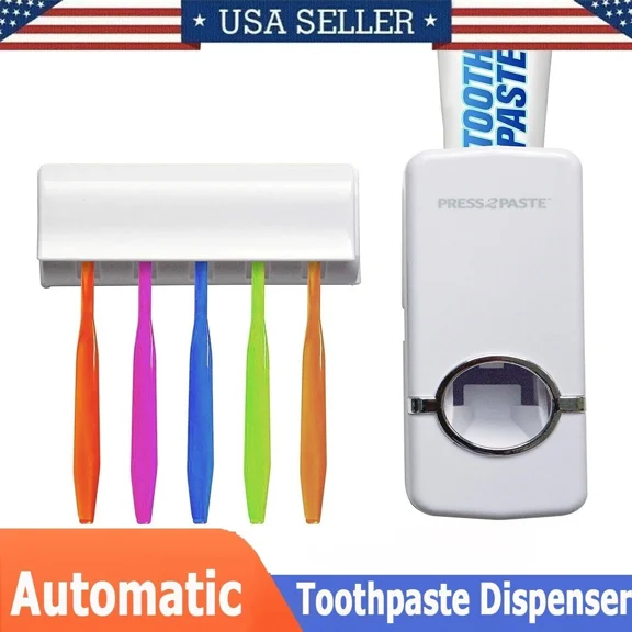 QUEST- Automatic Toothpaste Dispenser And 5 Toothbrush Holder Set Wall Mount Stand