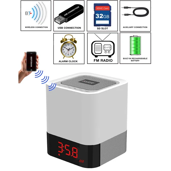 QUEST -Boytone Bt-83Cr Portable Bluetooth Speaker Fm, Alarm Clock,3 Way Touch Lamp