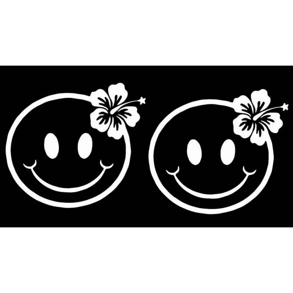 QUEST- Smiley Face Hibiscus 2 Pack White Vinyl Decal Car Windows Laptop Tablet Notebook
