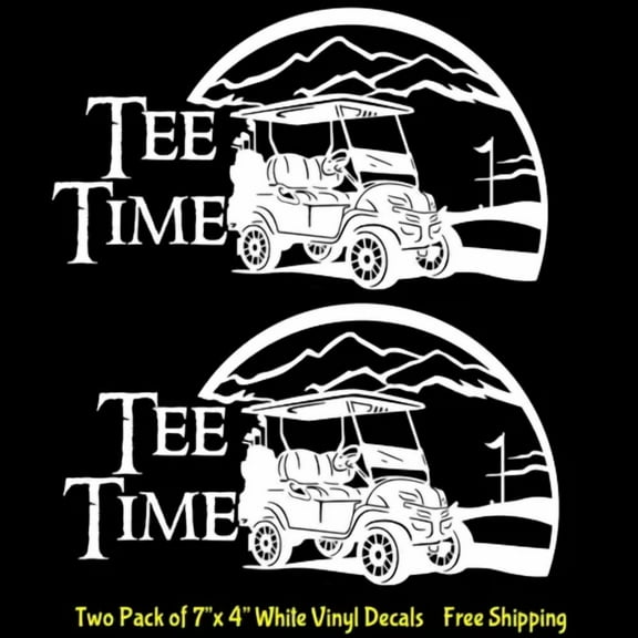 QUEST- Tee Time Golf Cart Graphic Two Pack 7" White Vinyl Decals Car Truck Windows