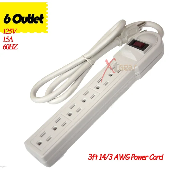 QUEST -UL Listed 125V 15A 60hz 3FT 6 Outlet Power Strip Surge Protector AC Plug AC Wall