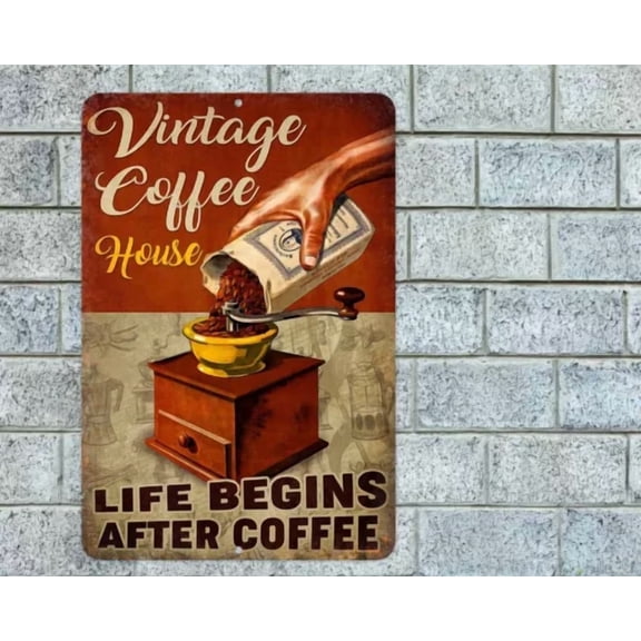 QUEST- Vintage Coffee House Life Begins After Sign Aluminum Metal 8"X12" Kitchen Bar