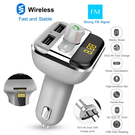 QUEST- Wireless Handsfree Car Kit Fm Transmitter Mp3 Player Dual Usb Charger Us