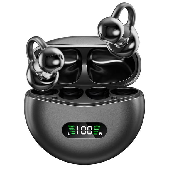 QUETTIO Open Ear Clip Headphones Wireless Earbuds Bluetooth 5.4 Sports Earphones Wireless Charging Case & LED Power Display Waterproof Fitness Headphones for Running