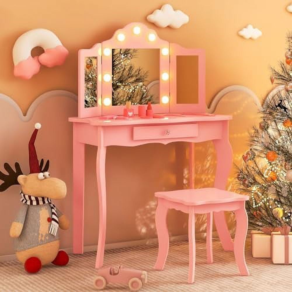 QUGDXVBN Vanity Girls Vanity Set with Mirror and Stool and Lights Drawer 2 in 1 Wooden Princess