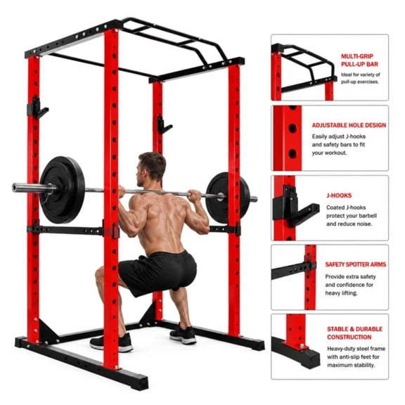 QUHEE 1200 lbs Capacity Squat Rack, Red Multi-Functional Power Rack, 14-Hole Adjustable Workout Equipment With Safety Arms and J-Hooks for Home Gym