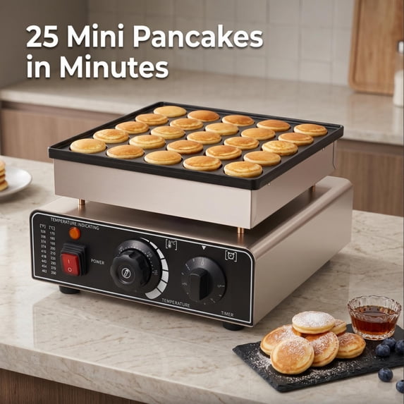 QUHEE 25 Hole Mini Pancake Maker, Commercial Electric Griddle with Adjustable Temperature and Timer, Nonstick Pancake Machine for Breakfast Shop and Home Use