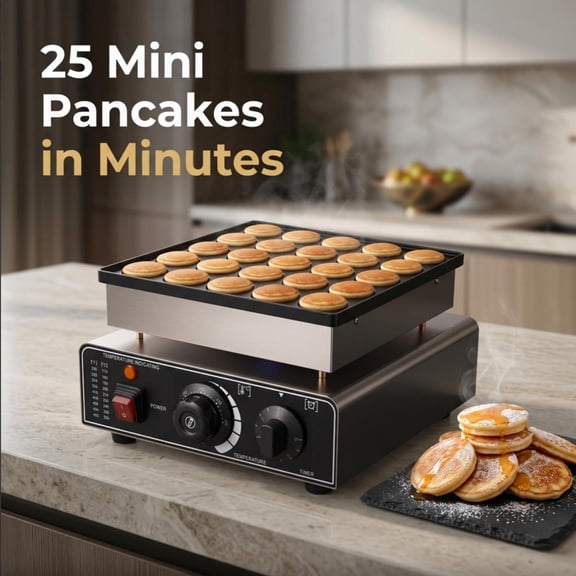 QUHEE Mini Pancake Maker, 25PCS Dutch Muffin Waffle Baker, Non-stick Stainless Steel Grill, Temp & Time Control, for Kitchen and Restaurant
