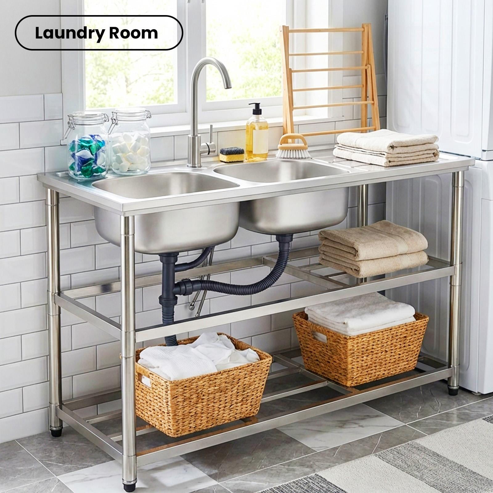 QUHEE 304 Stainless Steel Free Standing Sink Station, 47in Double Bowl Utility Sink with Storage Shelf for Home Kitchen Laundry Room Outdoor Patio