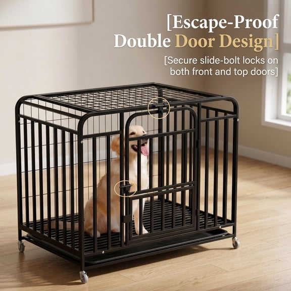 QUHEE 38 inch Foldable Metal Dog Crate for Large Dogs,Double Door,Lockable Wheels,Divider, Removable Tray(Black)