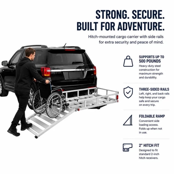 QUHEE 50x30 inch Trailer Hitch Cargo Carrier with Ramp, 500LBS Aluminum Hitch Mount Cargo Carrier, Foldable Wheelchair Scooter Rack Fits 2 in Receiver for SUV's, Vans, Cars