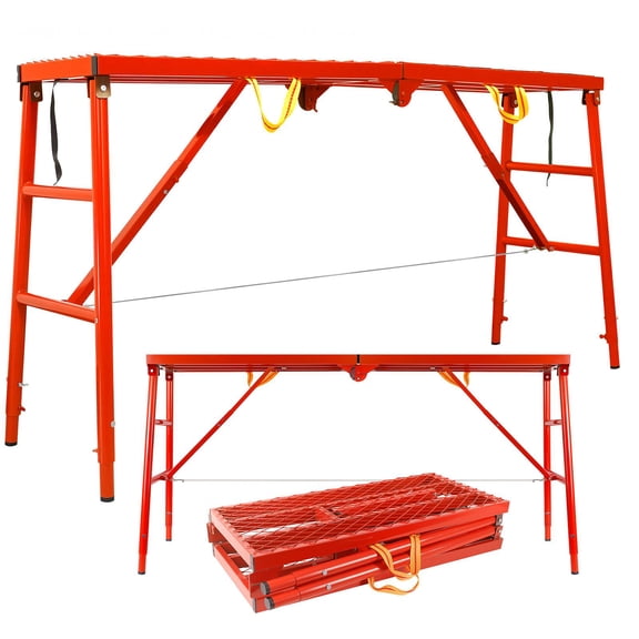 QUHEE 770 lbs Foldable Work Platform, Adjustable Height Scaffold, Red Anti-Slip 69 Inch Wide Structure For Construction Renovation Indoor Outdoor Application