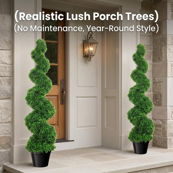 QUHEE Artificial Boxwood Spiral Topiary Trees, 3ft Tall (2 Pieces) Faux Plant Outdoor, All-Year Green Fake Plant with Replaceable Leaves for Decorative Indoor Porch Garden