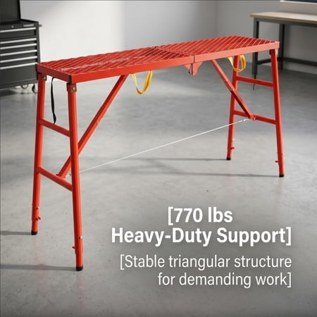 QUHEE Heavy Duty Adjustable Foldable Scaffolding Work Platform, 770 lbs Load Anti-Slip Grid Design with 5-Speed Height Adjustment for Painting, Construction and Home Improvement