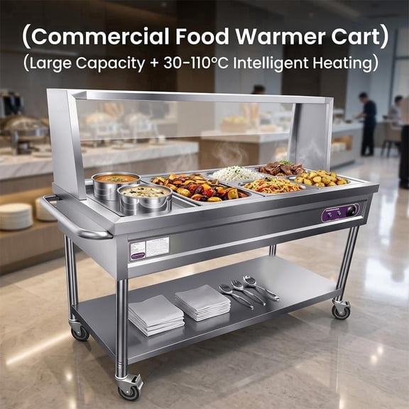 QUHEE Large Capacity Commercial Food Warmer Steam Table Cart, 304 Stainless Steel with 1 Large Tray, 4 Small Trays & 2 Pots, 30-110 Adjustable Temp for Buffet, Restaurant & Hotel