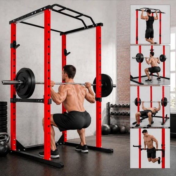 QUHEE Squat Rack Power Cage, 1200lbs Capacity, Multi-Functional Workout Equipment,14-Hole Adjustable Height With Safety Arms and J-Hooks for Home Gym ,Garage Gym(Red)