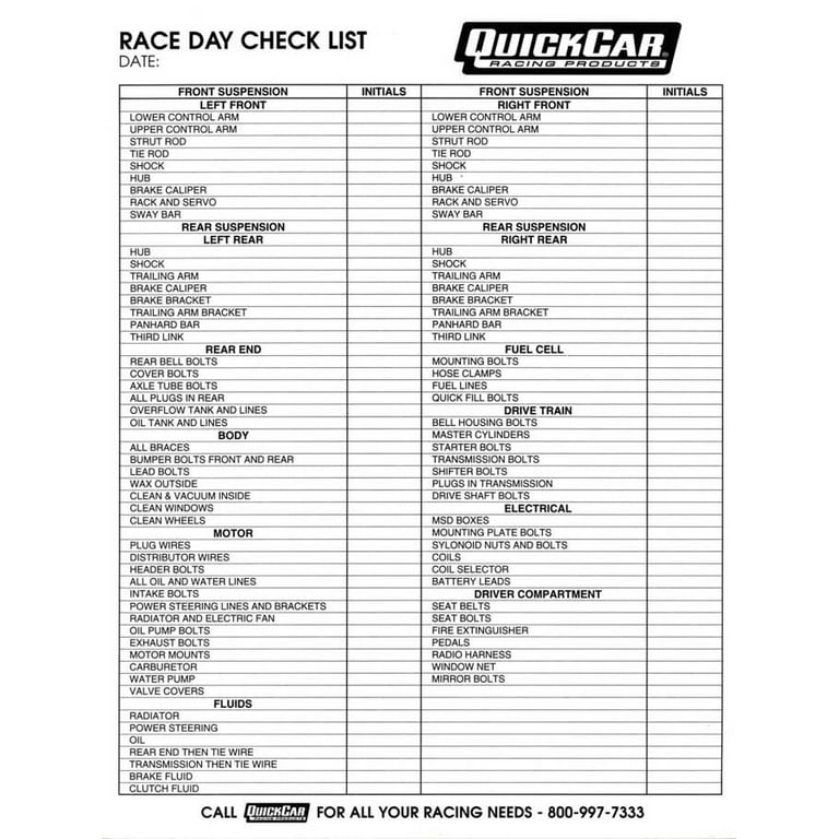QuickCar Race Day Check-List QuickCar Race Day Check-List