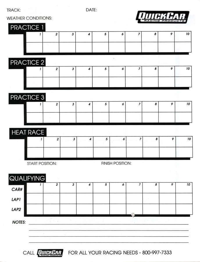 QUICKCAR RACING PRODUCTS Time Organizer Sheets 100 Lap (50PK) partNumber: 51-235