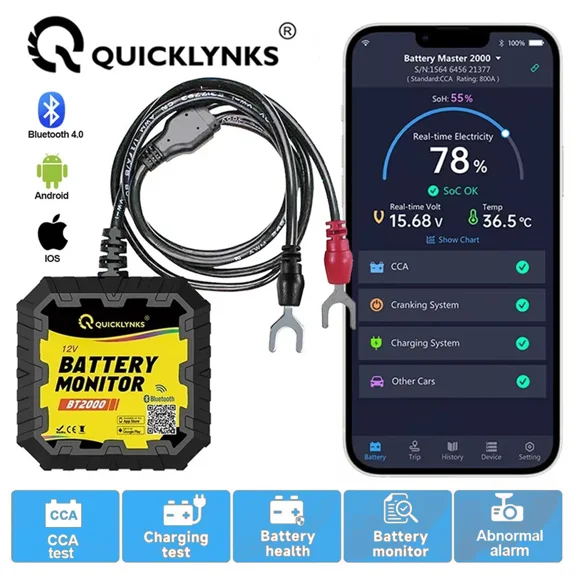 QUICKLYNKS BT2000 Bluetooth 4.0 12V Batter-y Monitor, Car Batter-y Tester with Cranking Charging Test, 100-2000CCA Batter-y Analyzer