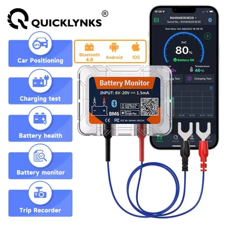 QUICKLYNKS BM6 Wireless Bluetooth Battery Monitor 12V Car Battery Health Monitoring Battery Tester for Motorcycle Truck Car, for Android iOS
