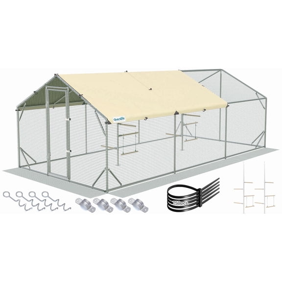 Quictent Large Metal Chicken Coop Run for 30+ Poultry with Waterproof Roof Cover and Galvanized Hardware Cloth, Outdoor Walk-in Cage Peak Hen House for Yard Farm, 9x18x6.5FT