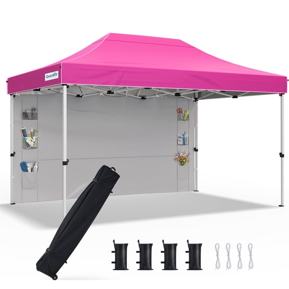 Quictent 10x15 FT Portable Pop up Canopy Tent with Adjustable Height, Easy up Commercial Gazebo Canopies with 1 Sidewall for Sun & Rain Protection, Pink
