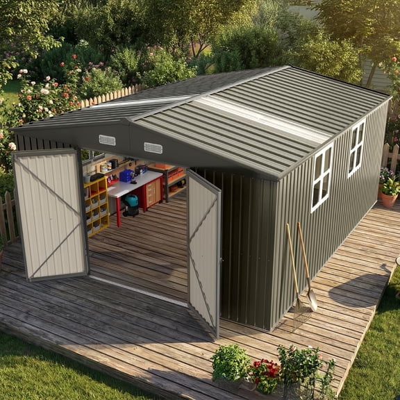 Quictent 12x16 FT Metal Storage Shed, Outdoor Workshop with Skylight & Windows Design, Waterproof Steel Utility Shelter for ATV, Ride-on Mower, Motorcycle