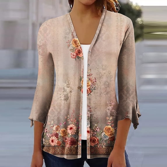 QUINDOS Womens Cardigan Sweaters with Pockets,Fashion Woman 3/4Sleeve T-Shirt Open Front Cardigan Outerwear Printing Blouse Coat Tops