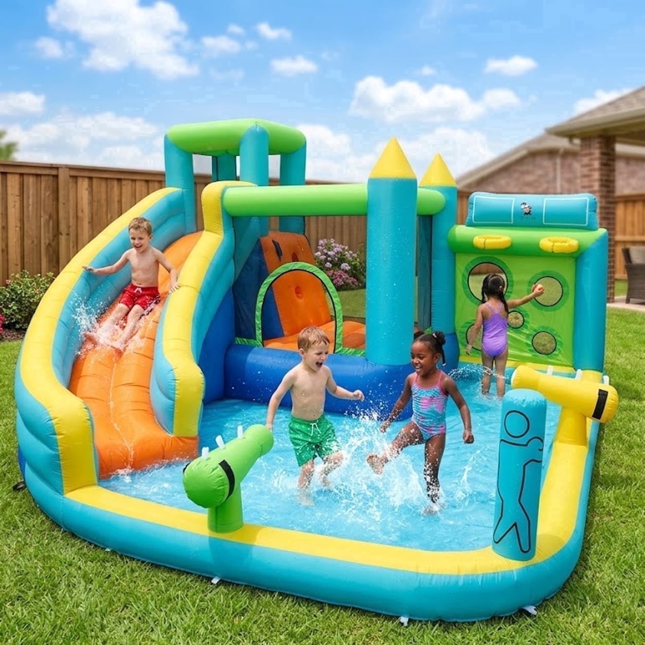 Basketball Inflatatables QUIETLEMON Inflatable Bounce House, 7 in 1 Water Slide Bounce House ...