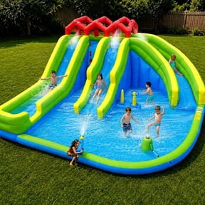 QUIETLEMON Inflatable Water Slide Bounce House, 7 in 1 Inflatable Water Park with Blower 17x16.42x7.92FT w/Long Slide, Water Cannon, Climbing Wall and Splash Pool for Backyard Outdoor