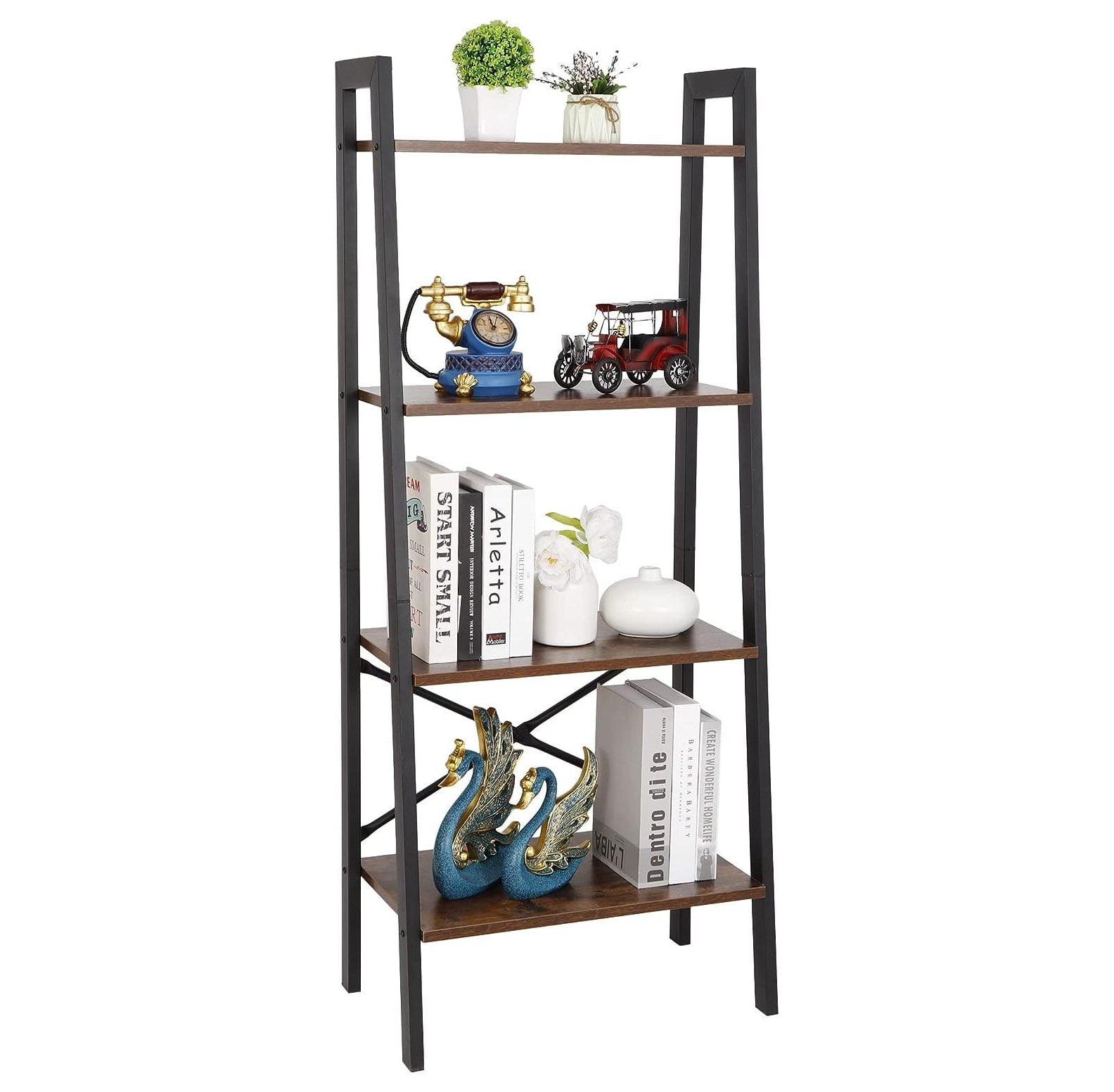 QUIETTCEX 4 Tier Bookshelf Rustic Ladder Shelf Storage Rack Wall