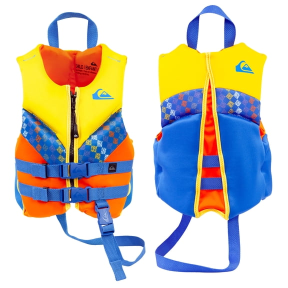 QUIKSILVER Child Life Vest, USCG and Transport Canada Approved Life Jacket with Safety Strap, Evoprene PFD Swim Vest, Personal Flotation Device Kids Float Jacket for Boys 33-55 lbs