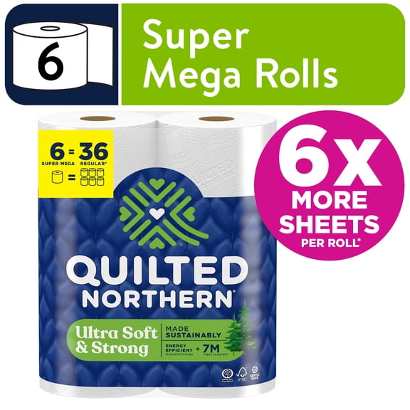 Quilted Northern Ultra Soft & Strong 2-Ply Toilet Paper, 6 Super Mega Rolls, 438 Sheets Per Roll