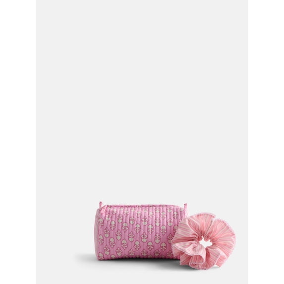 No Boundaries Quilted Pouch with Hair Scrunchie Set, 2-Piece, Women's, Pink Floral