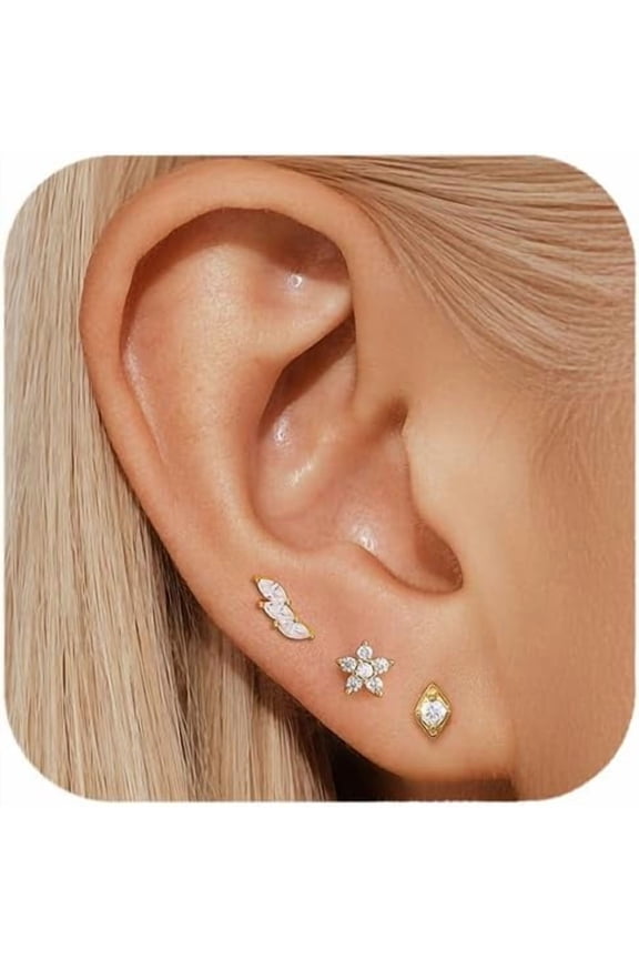 QUINBY Earrings For Women Trendy 14k Gold Plated Stud Earrings Set Hypoallergenic Cartilage Stud Earring Cubic Zirconia Sterling Silver Earring Set For Multiple Piercing[k199]
