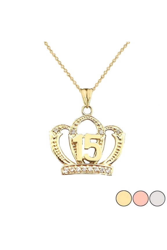 QUINCEANERA SWEET 15 ANOS PRINCESS CROWN PENDANT NECKLACE IN GOLD (YELLOW/ROSE/WHITE) :  10K  Pendant with 16" chain
