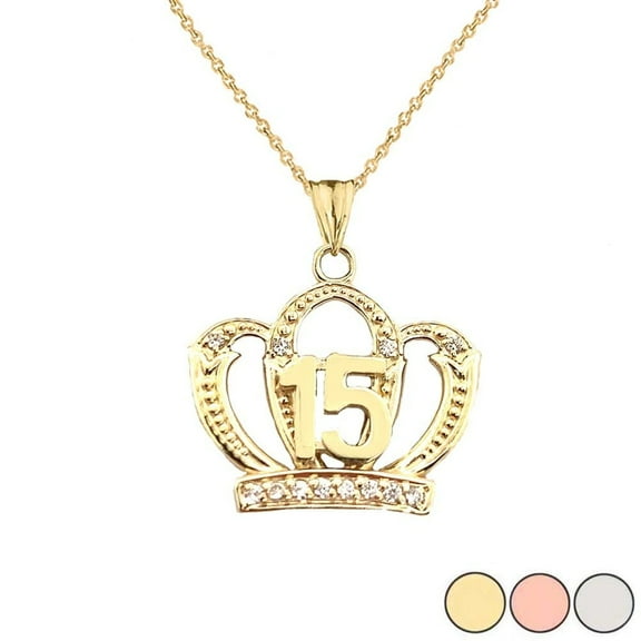 QUINCEANERA SWEET 15 ANOS PRINCESS CROWN PENDANT NECKLACE IN GOLD (YELLOW/ROSE/WHITE) : 10K Pendant with 16" chain