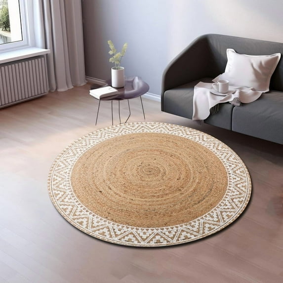 QUINCH Jute Rug Boho Tribal Print Border Handwoven Carpet for Living Room