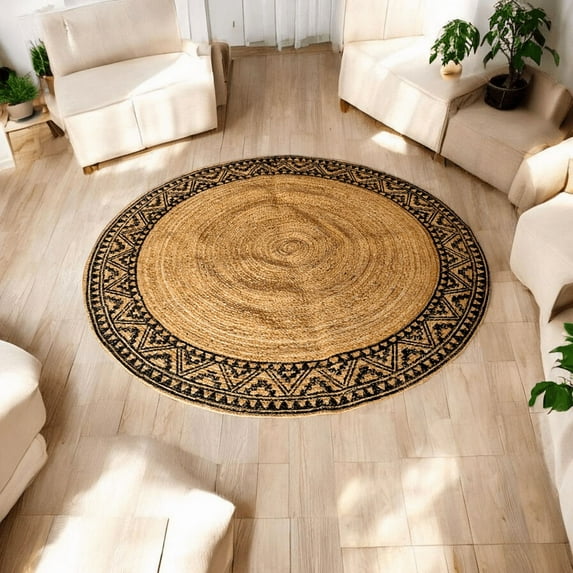 QUINCH Jute Rug Boho Tribal Print Border Handwoven Carpet for Living Room